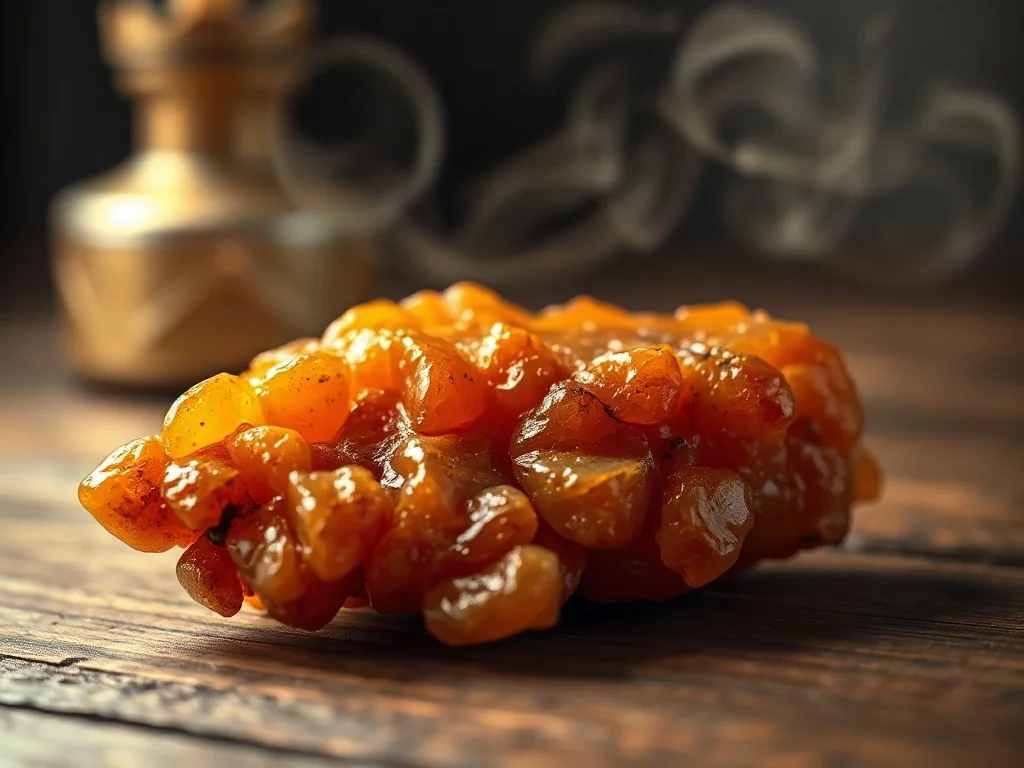 Surowa bryła ambry na drewnianym tle w otoczeniu delikatnej mgiełki perfum, podkreślająca szlachetny charakter składnika.