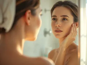 Zbliżenie na twarz kobiety o idealnie gładkiej, promiennej cerze typu glass skin w jasnym, minimalistycznym wnętrzu.