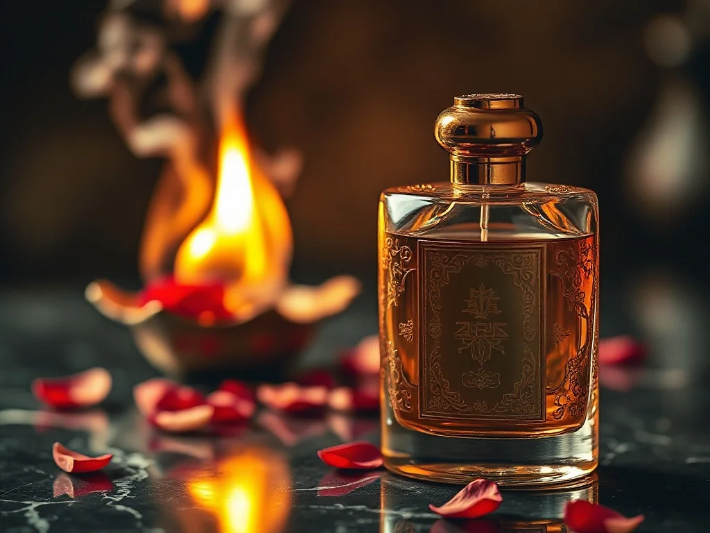 Elegancki flakon perfum ze złotymi zdobieniami na marmurowym blacie, otoczony płatkami róż i subtelnym dymem kadzidła.