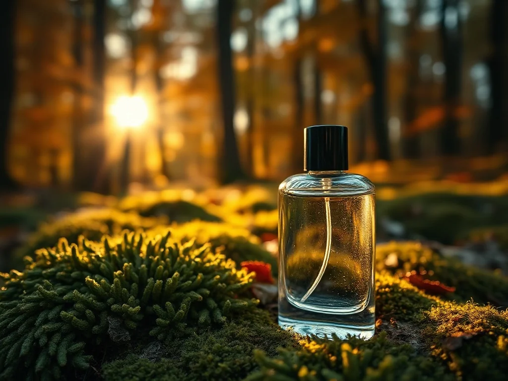Szklany flakon perfum na mchu w jesiennym lesie, podkreślający ziemisty i elegancki charakter szyprowych kompozycji.