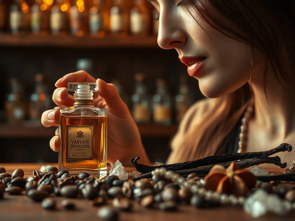 Kobieta wąchająca perfumy w otoczeniu ziaren kakao, wanilii i cukru, ilustrująca słodkie nuty zapachowe typu gourmand.